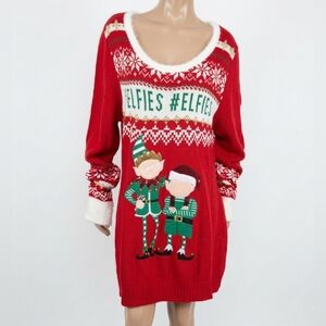 Merry & Bright #ELFIES Red Ugly Christmas Sweater Dress Plus Red Plus Size 2X